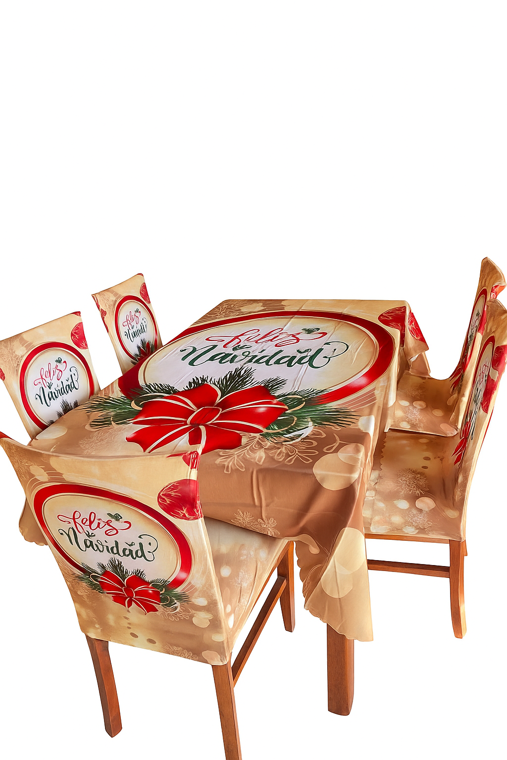 Fundas Navideñas para Sillas de Comedor + Mantel Impermeable - Set 7 Piezas