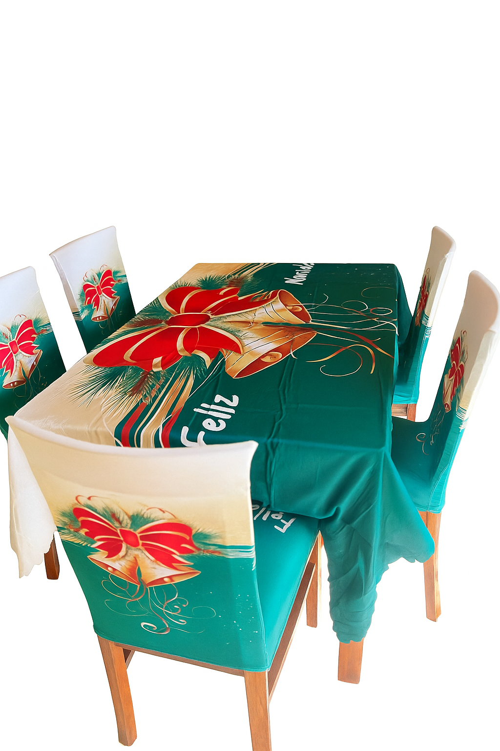 Fundas Navideñas para Sillas de Comedor + Mantel Impermeable - Set 7 Piezas
