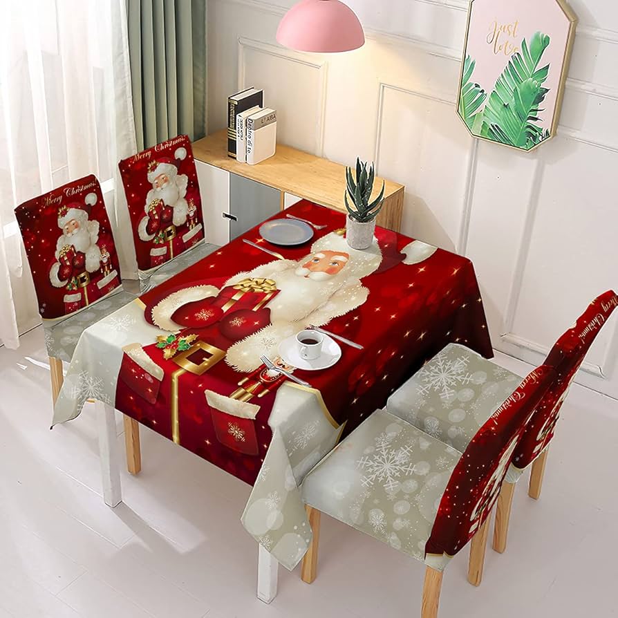 Fundas Navideñas para Sillas de Comedor + Mantel Impermeable - Set 7 Piezas