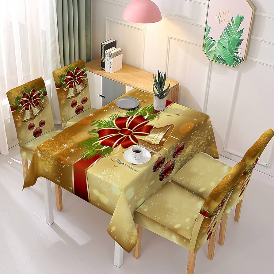 Fundas Navideñas para Sillas de Comedor + Mantel Impermeable - Set 7 Piezas